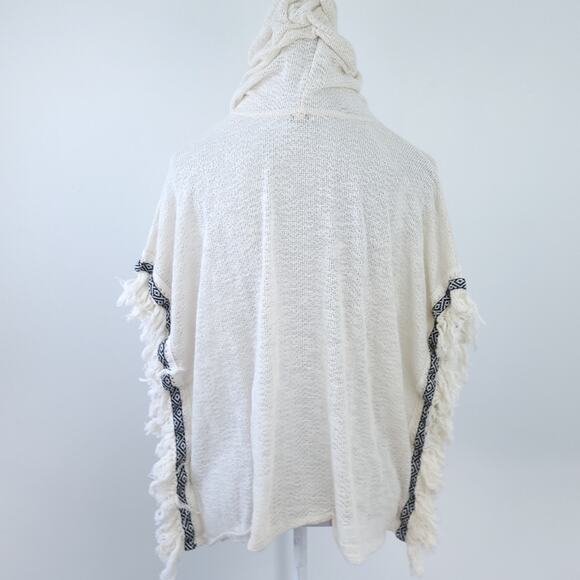 Lily White Poncho Knit Top Small Hooded Cream & Black Trim, Fringe Boho Festival - Picture 4 of 7